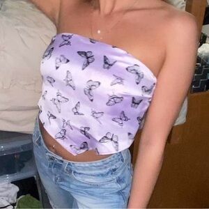 Butterfly Print Strapless Bandeau Top - Purple